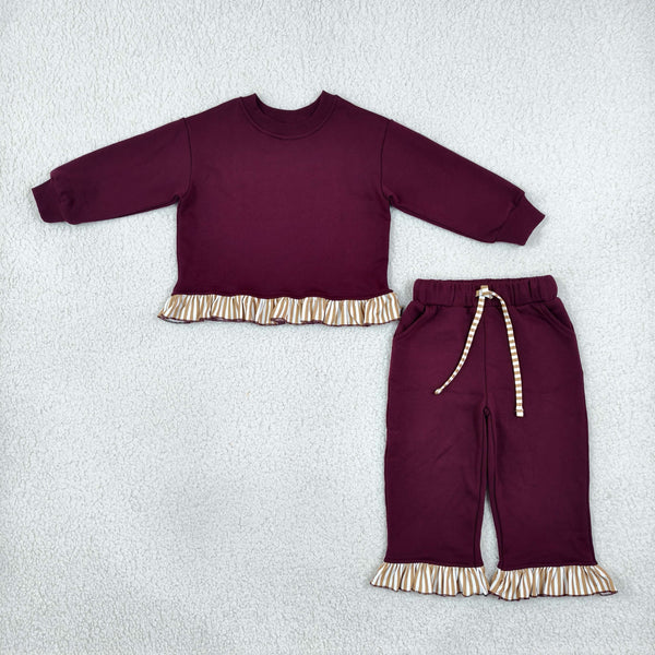 RTS GLP3647 toddler girl clothes solid maroon ruffle long sleeve outfit sweater outfit