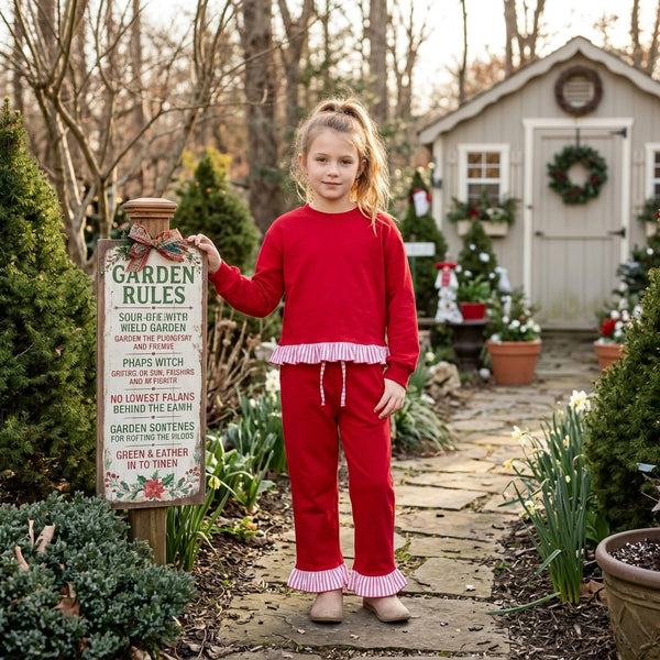 RTS 12-18M to 8-9T GLP3648 toddler girl clothes sweater clothes red ruffle trim long sleeve top and pants outfit winter christmas clothing set