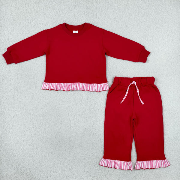 RTS 12-18M to 8-9T GLP3648 toddler girl clothes sweater clothes red ruffle trim long sleeve top and pants outfit winter christmas clothing set