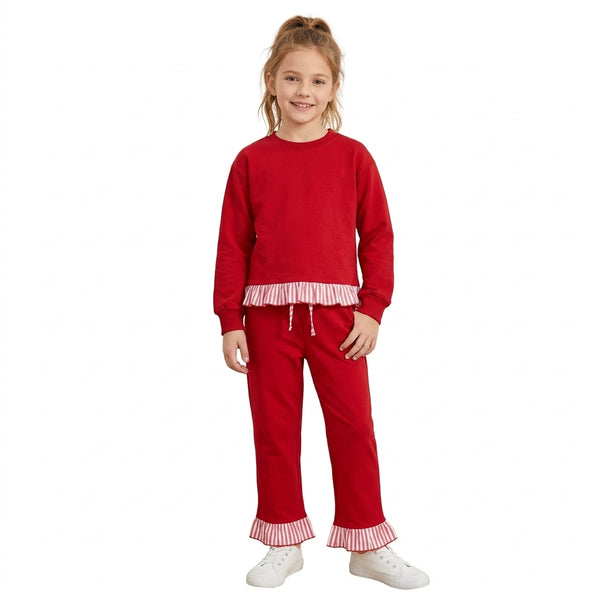 RTS 12-18M to 8-9T GLP3648 toddler girl clothes sweater clothes red ruffle trim long sleeve top and pants outfit winter christmas clothing set