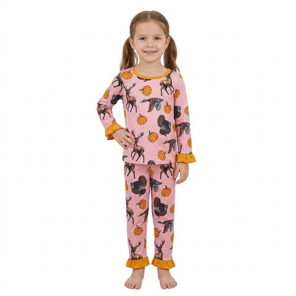 RTS GLP3655 baby girl clothes thanksgiving deer pumpkin print long sleeve top pant outfit