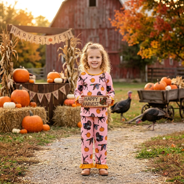 RTS GLP3655 baby girl clothes thanksgiving deer pumpkin print long sleeve top pant outfit
