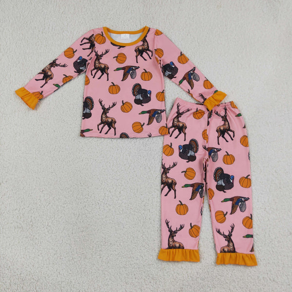 RTS GLP3655 baby girl clothes thanksgiving deer pumpkin print long sleeve top pant outfit