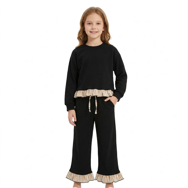 RTS GLP3671 12-18M-8-9T toddler girl clothes black sweater material winter clothes long sleeve ruffle pants outfit