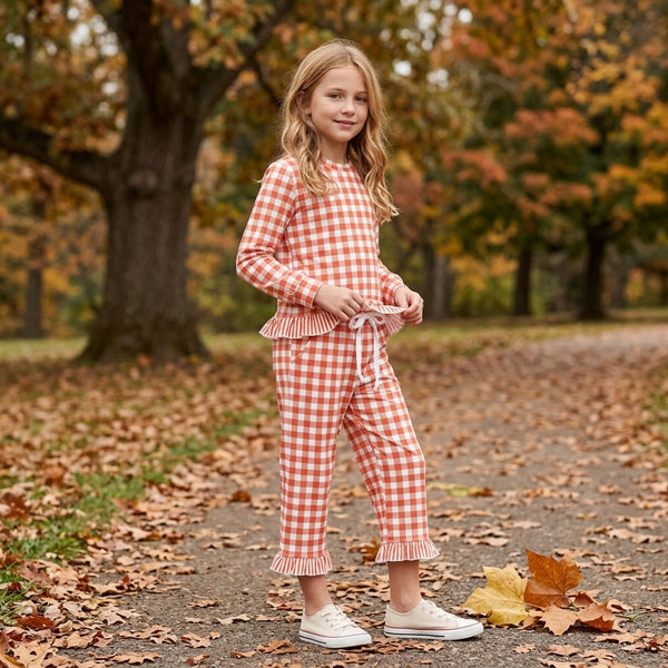 RTS GLP3672 toddler girl clothes gingham print long sleeve ruffle outfit