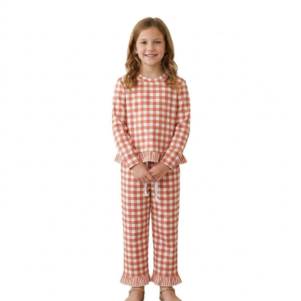 RTS GLP3672 toddler girl clothes gingham print long sleeve ruffle outfit