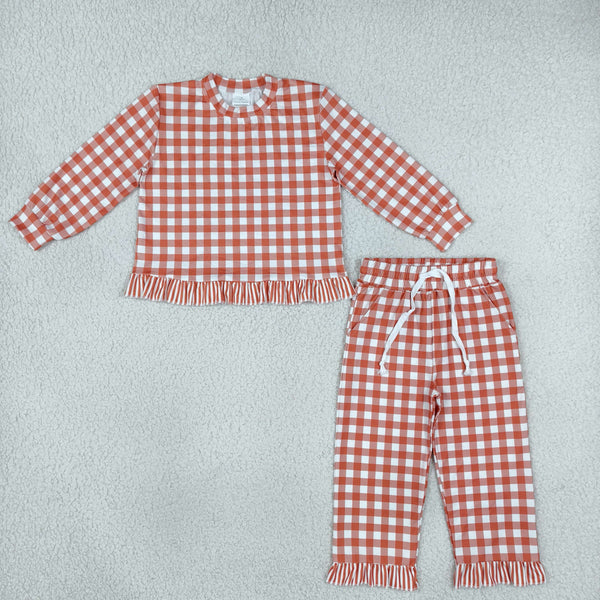 RTS GLP3672 toddler girl clothes gingham print long sleeve ruffle outfit