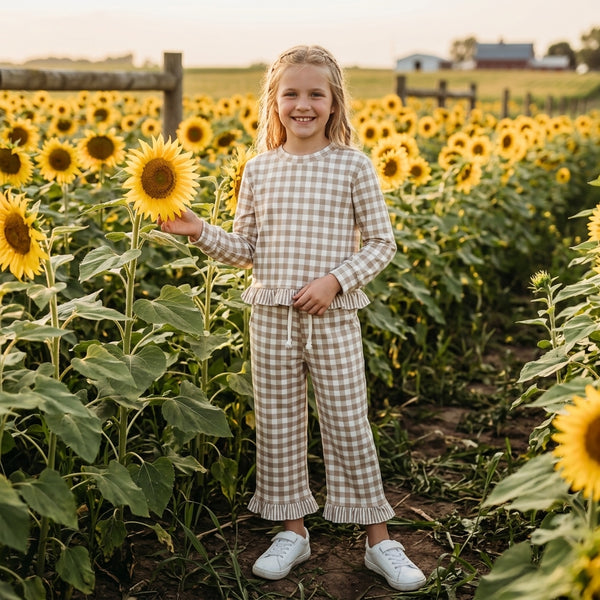 RTS GLP3674 toddler girl clothes gingham print long sleeve outfit