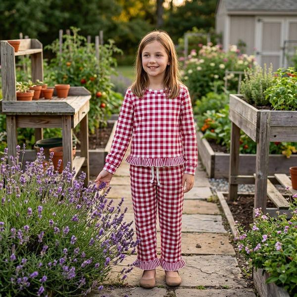 RTS GLP3675 toddler girl clothes gingham print long sleeve outfit