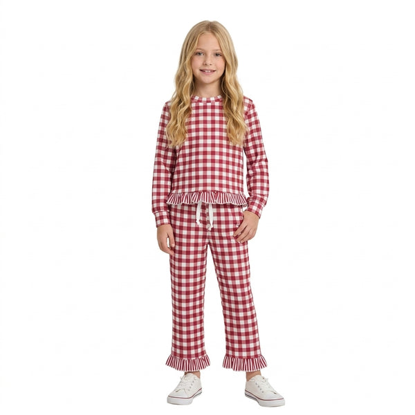 RTS GLP3675 toddler girl clothes gingham print long sleeve outfit