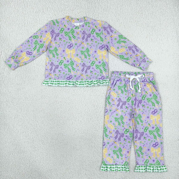 RTS GLP3860 toddler girl clothes Mardi Gras bow print long sleeve outfit