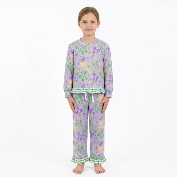 RTS GLP3860 toddler girl clothes Mardi Gras bow print long sleeve outfit