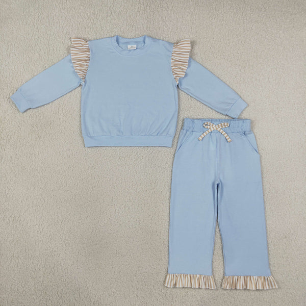 RTS GLP3696 toddler girl clothes solid stripe ruffle long sleeve outfit
