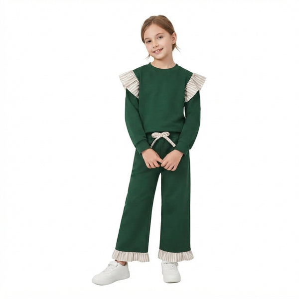 RTS GT1845 toddler girl clothes solid green ruffle long sleeve top