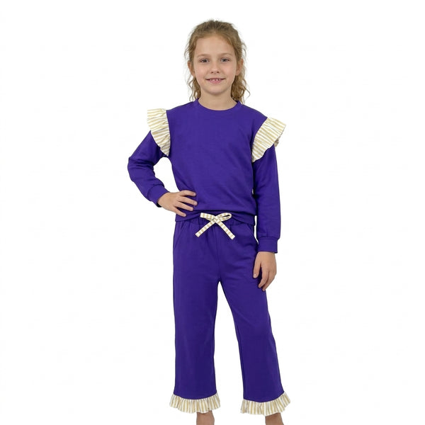 RTS GLP3699 toddler girl clothes solid purple ruffle long sleeve outfit