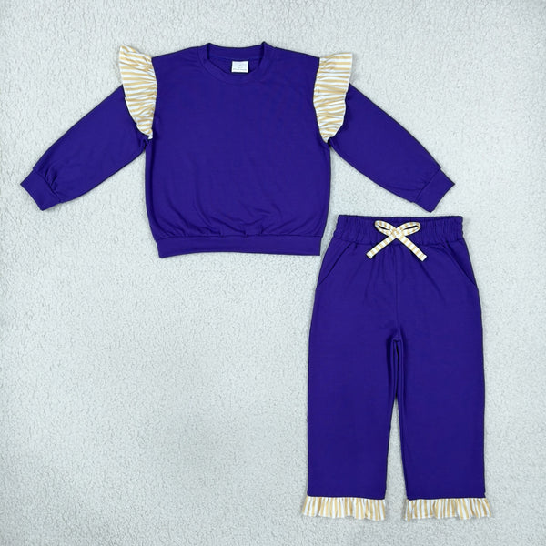 RTS GLP3699 toddler girl clothes solid purple ruffle long sleeve outfit