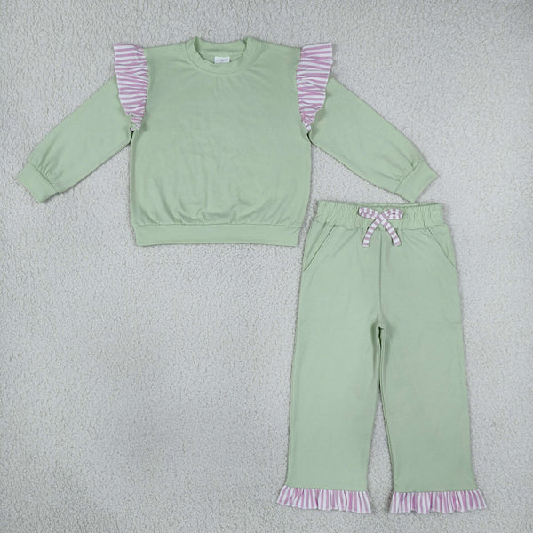 RTS GLP3700 toddler girl clothes solid stripe ruffle long sleeve outfit