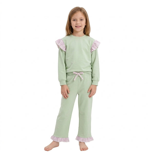 RTS GLP3700 toddler girl clothes solid stripe ruffle long sleeve outfit