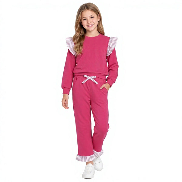 RTS GLP3701 toddler girl clothes cotton solid long sleeve ruffle outfit winter pants set