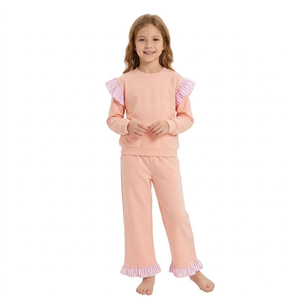 RTS GLP3702  toddler girl clothes ruffle long sleeve pants outfit cotton solid bundle winter clothes