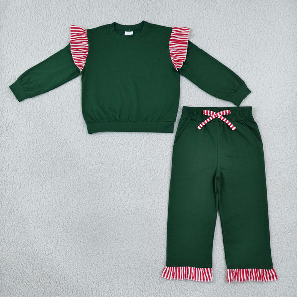 RTS GLP3703 toddler girl clothes cotton green solid long sleeve ruffle outfit christmas outfit