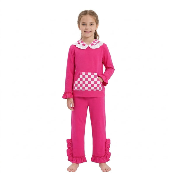 RTS GLP3709-bundle toddler girl clothes check print long sleeve hooded outfit