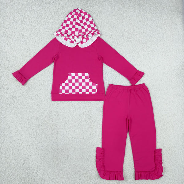 RTS GLP3709-bundle toddler girl clothes check print long sleeve hooded outfit