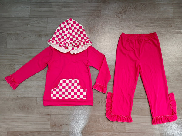 No MOQ GLP3709 each design  pre‑order kids girl winter outfit hoodies hot pink plaid pants set-real pic 2026.9.15