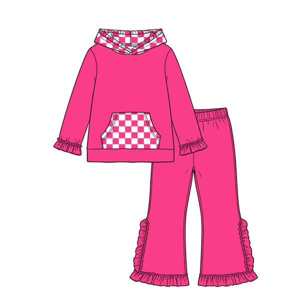 GLP3709 MOQ:5pcs each design  pre‑order kids girl winter outfit hoodies hot pink plaid pants set 2026.9.4