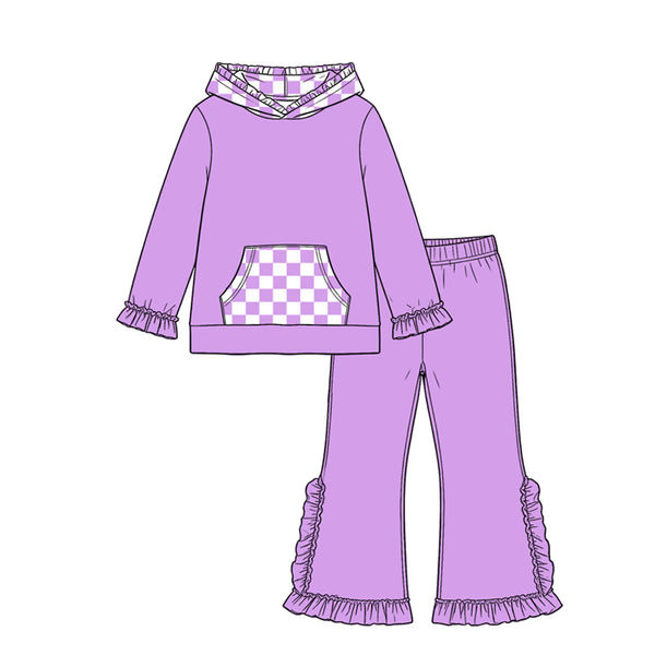 GLP3710 MOQ:5pcs each design  pre‑order kids girl winter outfit hoodies purple plaid pants set 2026.9.4