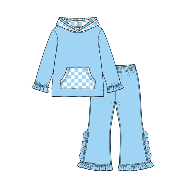 GLP3713 MOQ:5pcs each design  pre‑order kids girl winter outfit hoodies blue plaid pants set 2026.9.4