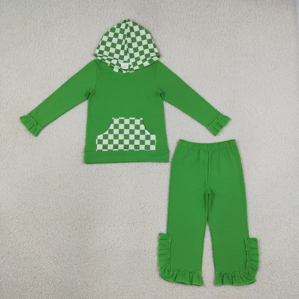 RTS GLP3714 baby girl clothes green cotton  long sleeve hoodies top ruffle pant set winter outfit