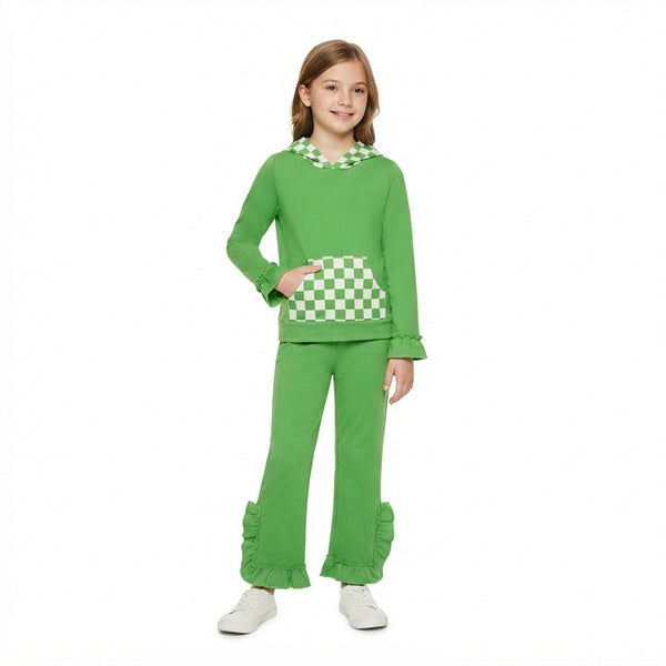RTS GLP3714 baby girl clothes green cotton  long sleeve hoodies top ruffle pant set winter outfit