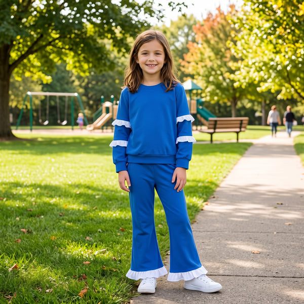 RTS GLP3719 toddler girl clothes cotton blue solid ruffle long sleeve outfit winter clothing