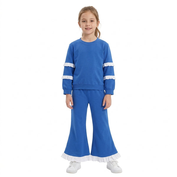 RTS GLP3719 toddler girl clothes cotton blue solid ruffle long sleeve outfit winter clothing