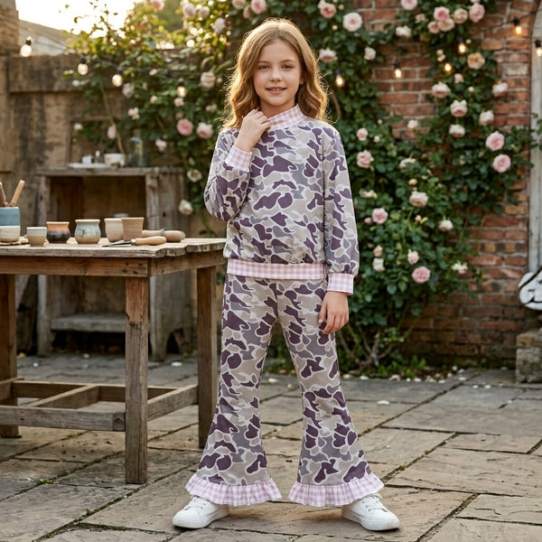 RTS GLP3736 toddler girl clothes long sleeve flare pants outfit grey camo mock neck winter bell bottom outfit