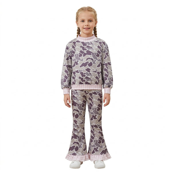 RTS GLP3736 toddler girl clothes long sleeve flare pants outfit grey camo mock neck winter bell bottom outfit