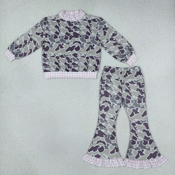 RTS GLP3736 toddler girl clothes long sleeve flare pants outfit grey camo mock neck winter bell bottom outfit
