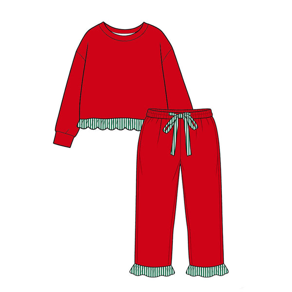 MOQ 5 pcs pre-order Each Color Stripe Ruffles Christmas Girls Set-2026.8.21