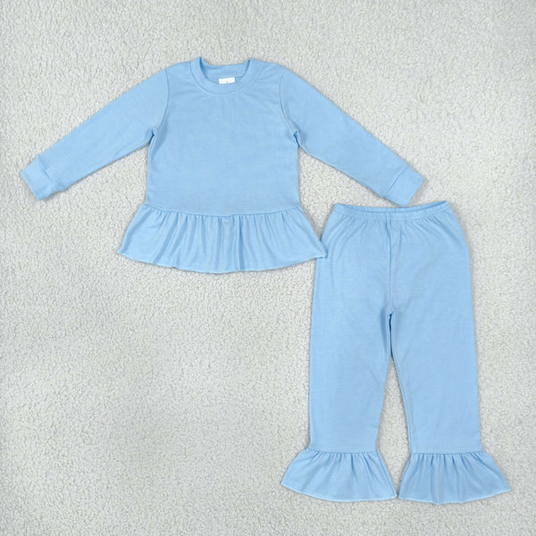 RTS GLP3748 toddler girl clothes cotton blue solid long sleeve ruffle outfit winter pants set