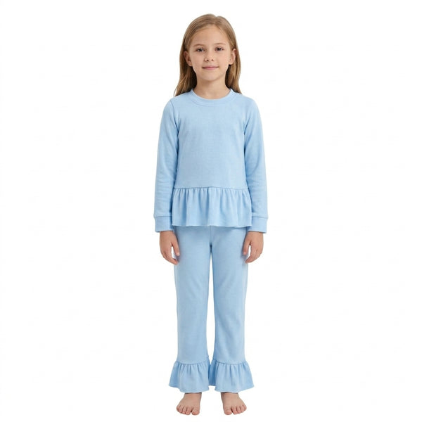 RTS GLP3748 toddler girl clothes cotton blue solid long sleeve ruffle outfit winter pants set