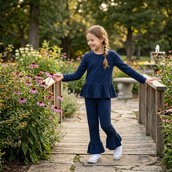 RTS GLP3750 toddler girl clothes cotton navy solid long sleeve ruffle outfit winter pants set
