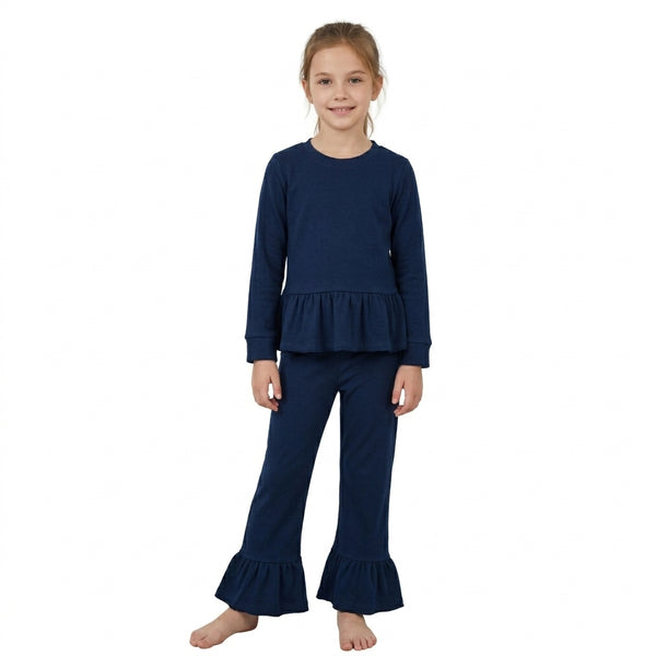 RTS GLP3750 toddler girl clothes cotton navy solid long sleeve ruffle outfit winter pants set