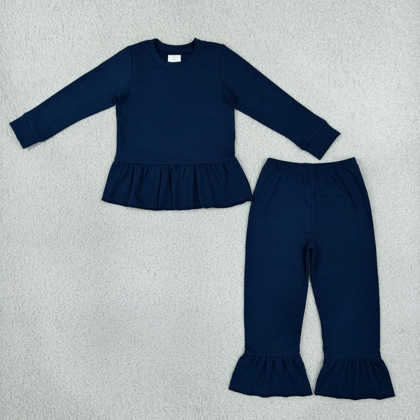 RTS GLP3750 toddler girl clothes cotton navy solid long sleeve ruffle outfit winter pants set