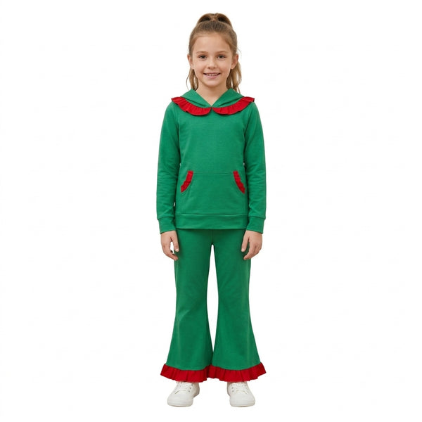 RTS GLP3752 toddler girl clothes green solid print long sleeve hooded outfit winter pants set