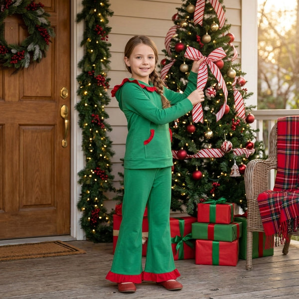 RTS GLP3752 toddler girl clothes green solid print long sleeve hooded outfit winter pants set