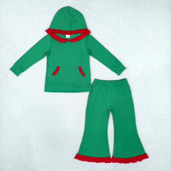 RTS GLP3752 toddler girl clothes green solid print long sleeve hooded outfit winter pants set