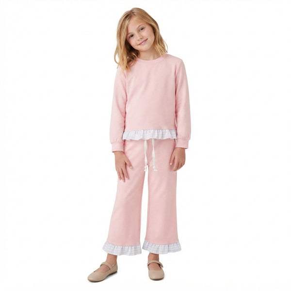 RTS GLP3754 toddler girl clothes cotton solid pink long sleeve ruffle outfit winter clothes