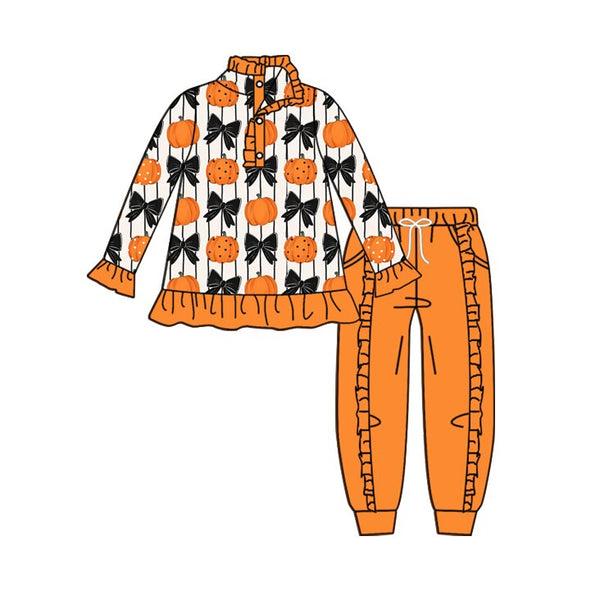 MOQ:5 pcs pre-order Each Style Fall Halloween Pumpkin Print Ruffles Kids Zipper Pullover Girls Set-2026.8.28