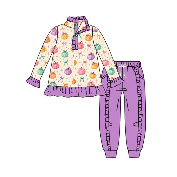 MOQ:5 pcs pre-order Each Style Fall Halloween Pumpkin Print Ruffles Kids Zipper Pullover Girls Set-2026.8.28